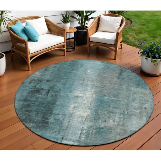 8' Teal Blue And Ivory Round Abstract Washable Indoor Outdoor Area Rug Photo 2