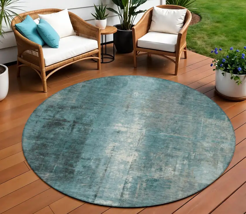 8' Teal Blue And Ivory Round Abstract Washable Indoor Outdoor Area Rug Photo 2
