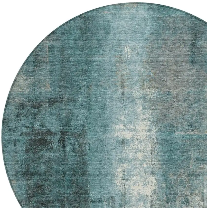 8' Teal Blue And Ivory Round Abstract Washable Indoor Outdoor Area Rug Photo 4