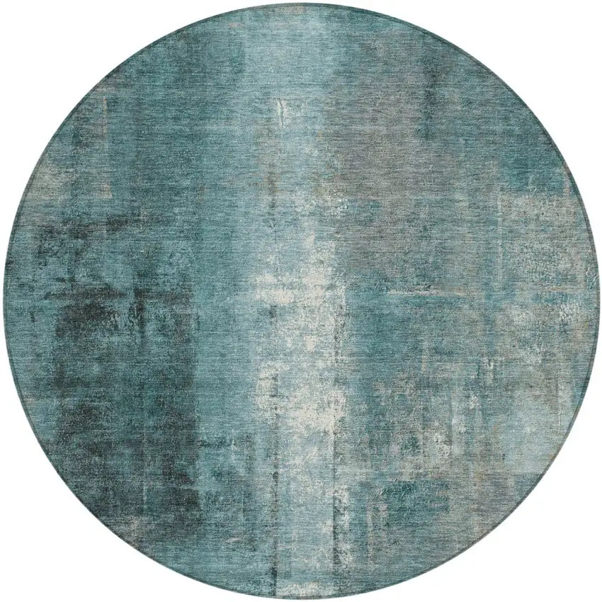 8' Teal Blue And Ivory Round Abstract Washable Indoor Outdoor Area Rug Photo 1