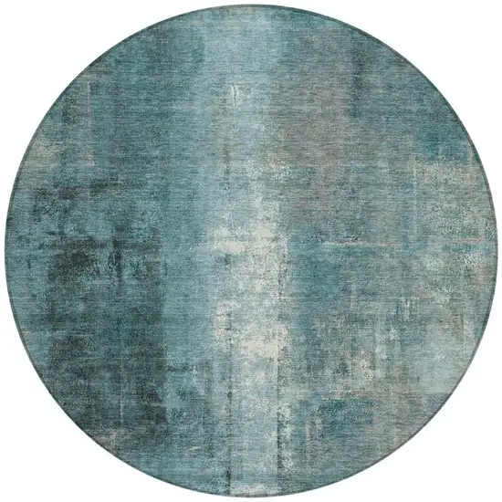 8' Teal Blue And Ivory Round Abstract Washable Indoor Outdoor Area Rug Photo 3