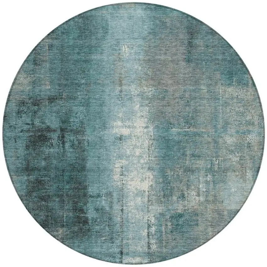 8' Teal Blue And Ivory Round Abstract Washable Indoor Outdoor Area Rug Photo 3