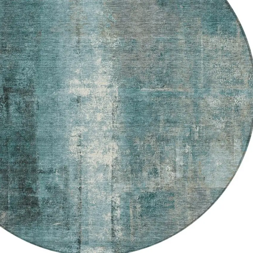 8' Teal Blue And Ivory Round Abstract Washable Indoor Outdoor Area Rug Photo 8