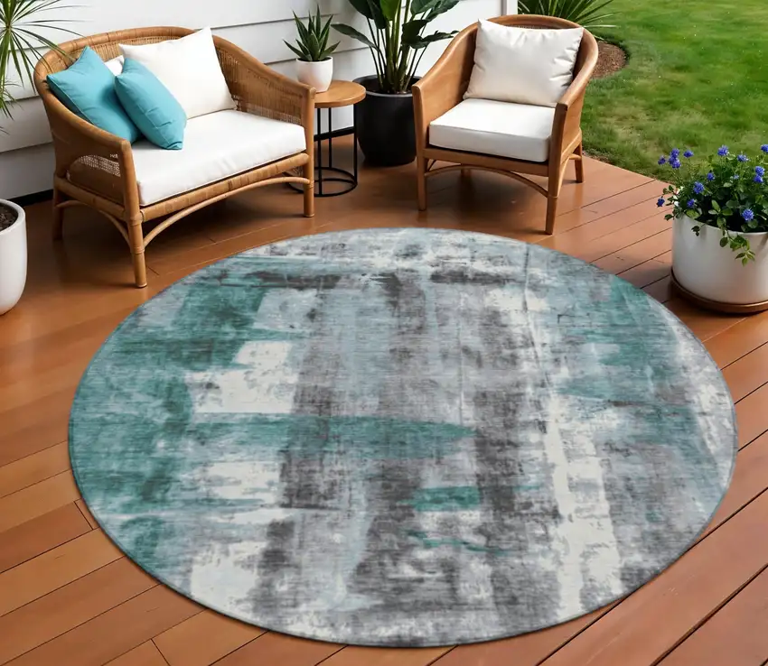 8' Teal Blue And Ivory Round Abstract Washable Indoor Outdoor Area Rug Photo 2