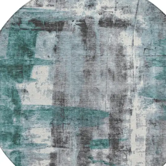 8' Teal Blue And Ivory Round Abstract Washable Indoor Outdoor Area Rug Photo 4