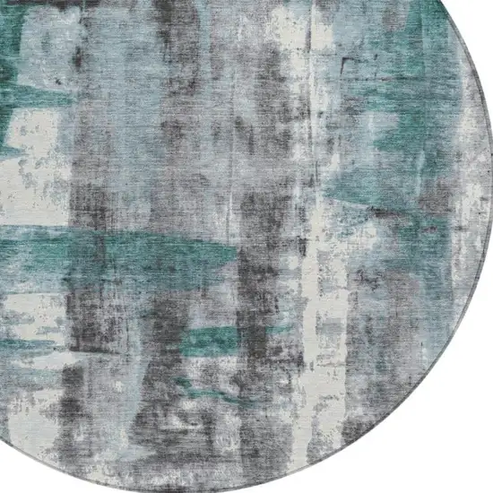 8' Teal Blue And Ivory Round Abstract Washable Indoor Outdoor Area Rug Photo 8