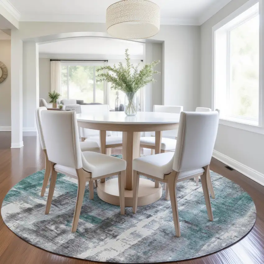 8' Teal Blue And Ivory Round Abstract Washable Indoor Outdoor Area Rug Photo 6