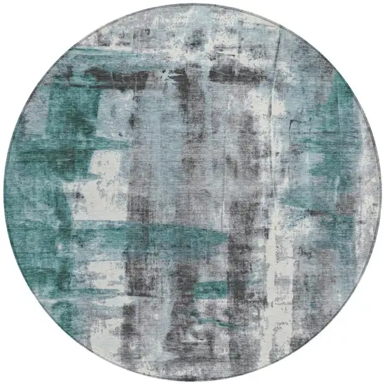 8' Teal Blue And Ivory Round Abstract Washable Indoor Outdoor Area Rug Photo 3