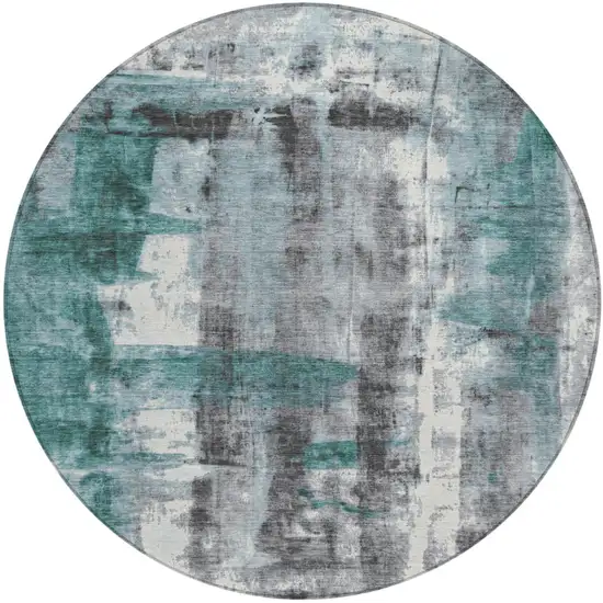 8' Teal Blue And Ivory Round Abstract Washable Indoor Outdoor Area Rug Photo 1