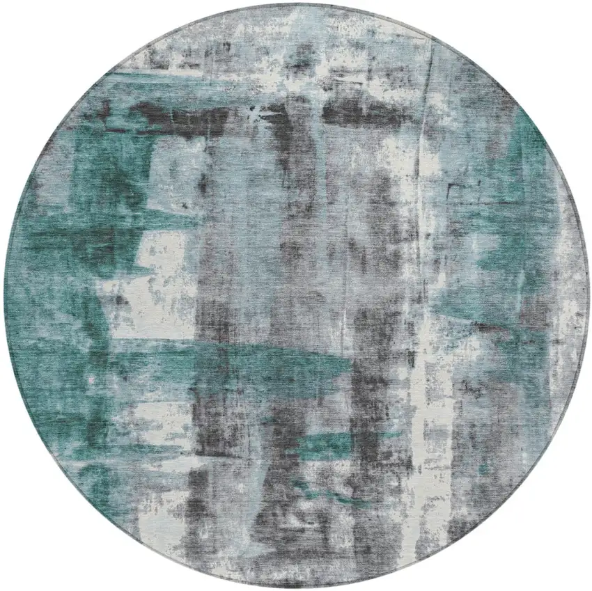 8' Teal Blue And Ivory Round Abstract Washable Indoor Outdoor Area Rug Photo 1