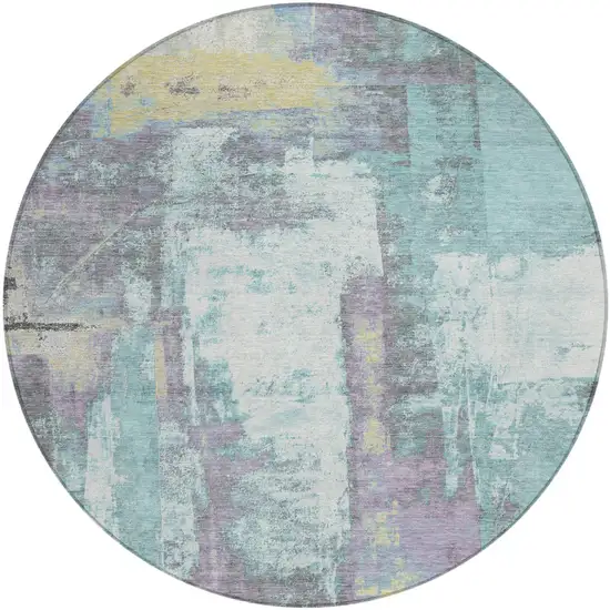 8' Teal Blue And Ivory Round Abstract Washable Indoor Outdoor Area Rug Photo 1