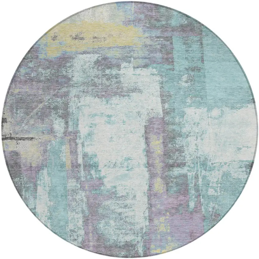 8' Teal Blue And Ivory Round Abstract Washable Indoor Outdoor Area Rug Photo 1
