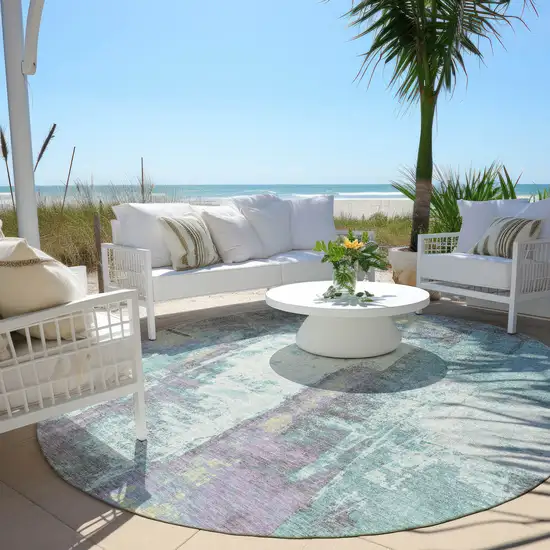 8' Teal Blue And Ivory Round Abstract Washable Indoor Outdoor Area Rug Photo 5