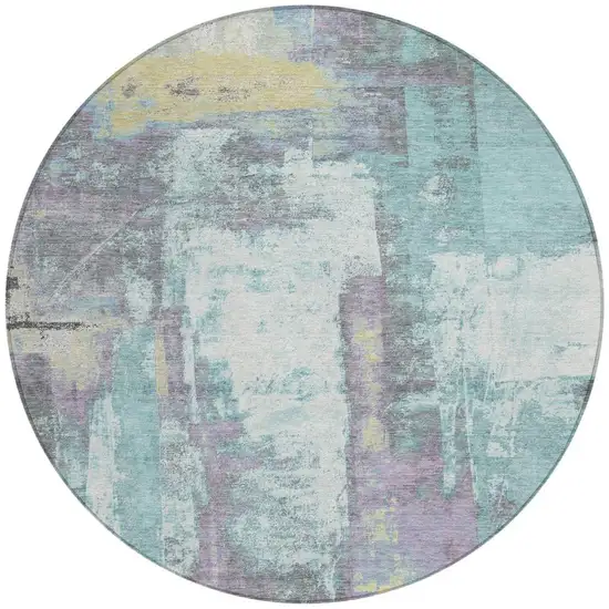 8' Teal Blue And Ivory Round Abstract Washable Indoor Outdoor Area Rug Photo 3