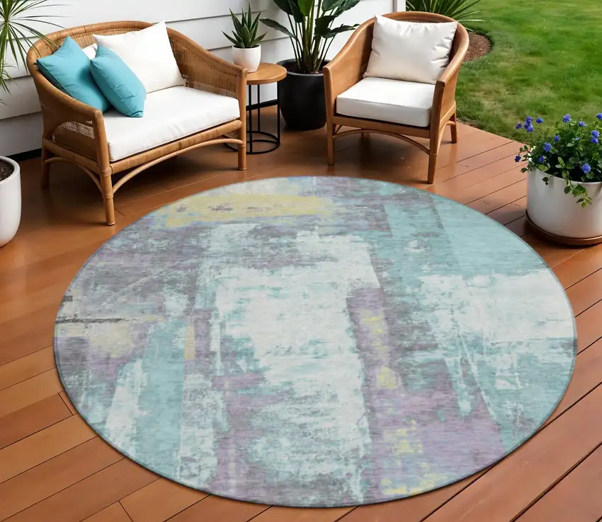 8' Teal Blue And Ivory Round Abstract Washable Indoor Outdoor Area Rug Photo 2