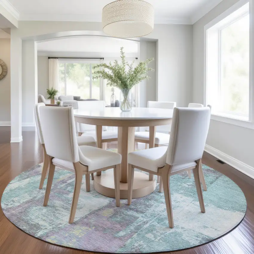 8' Teal Blue And Ivory Round Abstract Washable Indoor Outdoor Area Rug Photo 6