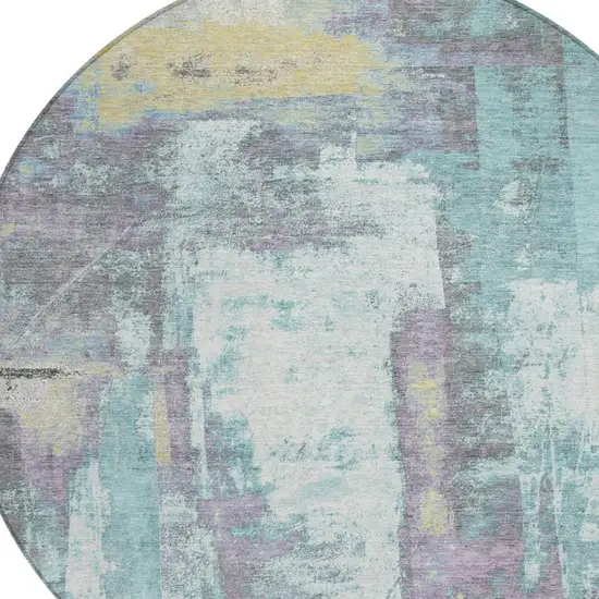 8' Teal Blue And Ivory Round Abstract Washable Indoor Outdoor Area Rug Photo 4