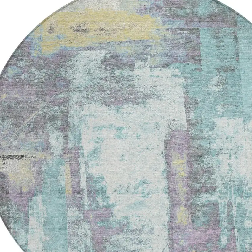 8' Teal Blue And Ivory Round Abstract Washable Indoor Outdoor Area Rug Photo 4