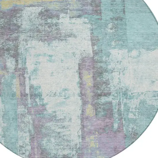 8' Teal Blue And Ivory Round Abstract Washable Indoor Outdoor Area Rug Photo 8