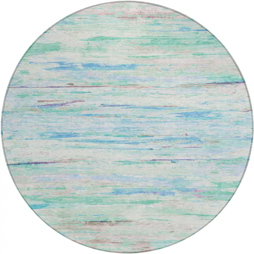 8' Teal Blue And Ivory Round Abstract Washable Indoor Outdoor Area Rug Photo 1