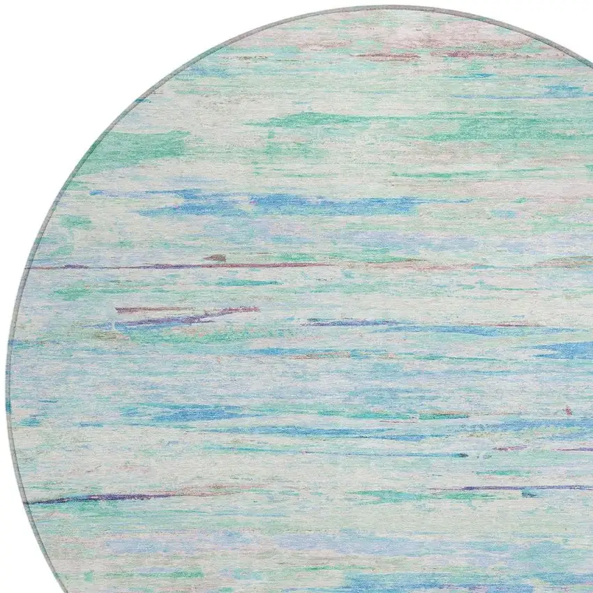 8' Teal Blue And Ivory Round Abstract Washable Indoor Outdoor Area Rug Photo 4