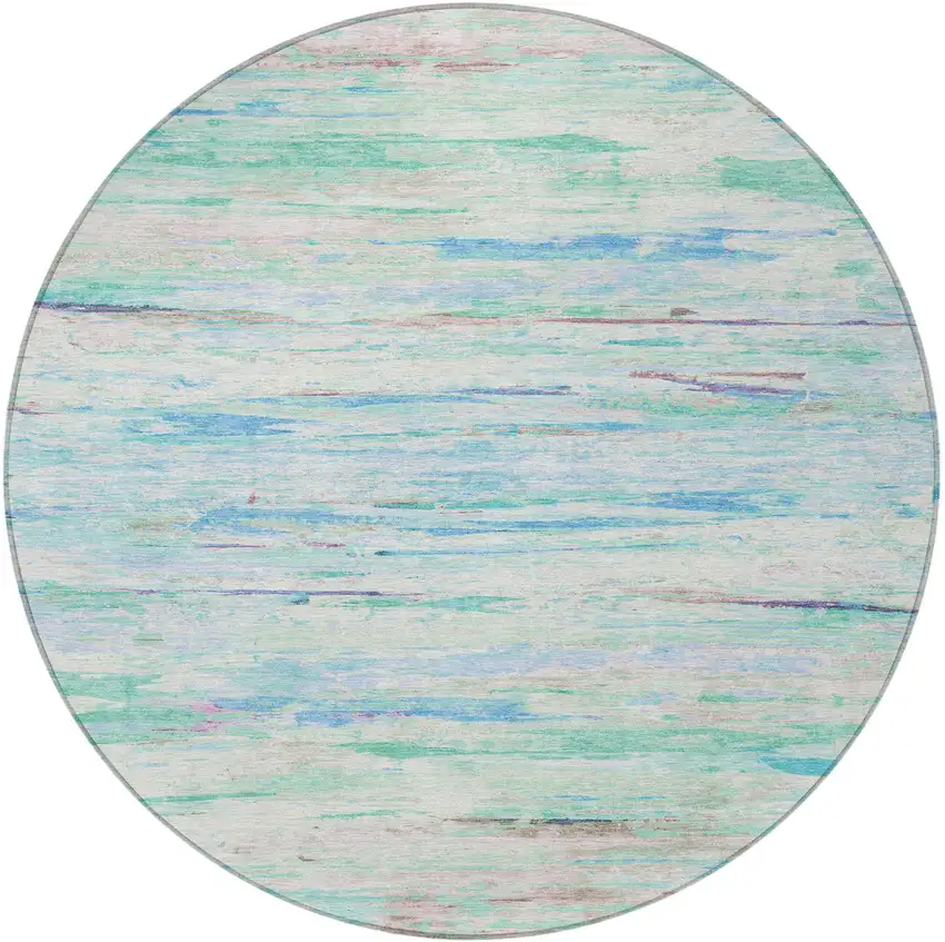 8' Teal Blue And Ivory Round Abstract Washable Indoor Outdoor Area Rug Photo 3