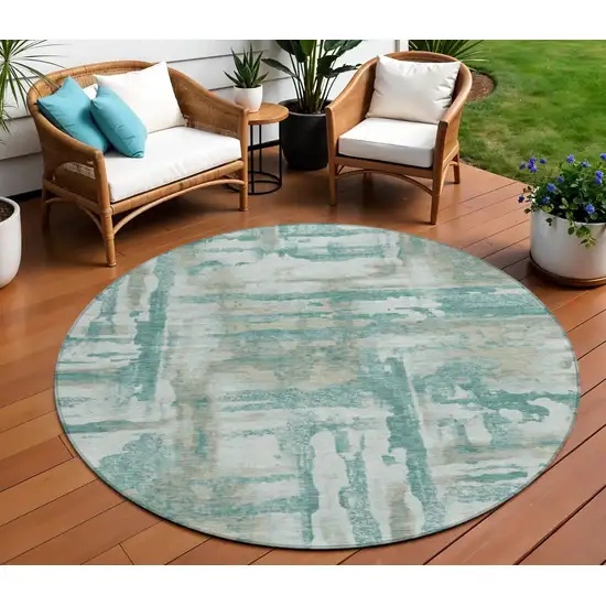 8' Teal Blue And Ivory Round Abstract Washable Indoor Outdoor Area Rug Photo 2