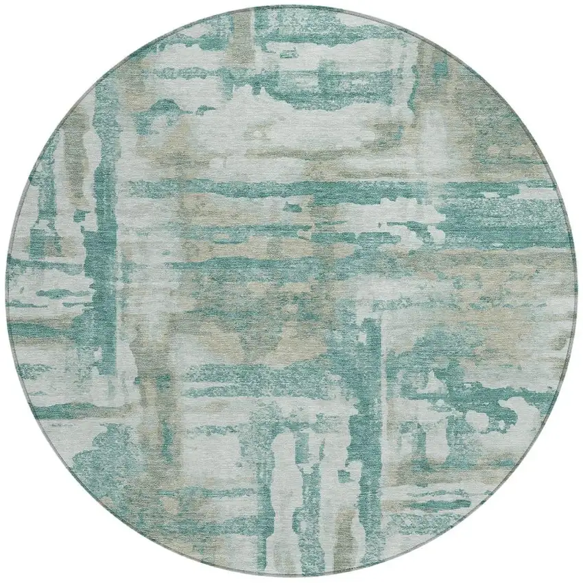 8' Teal Blue And Ivory Round Abstract Washable Indoor Outdoor Area Rug Photo 1
