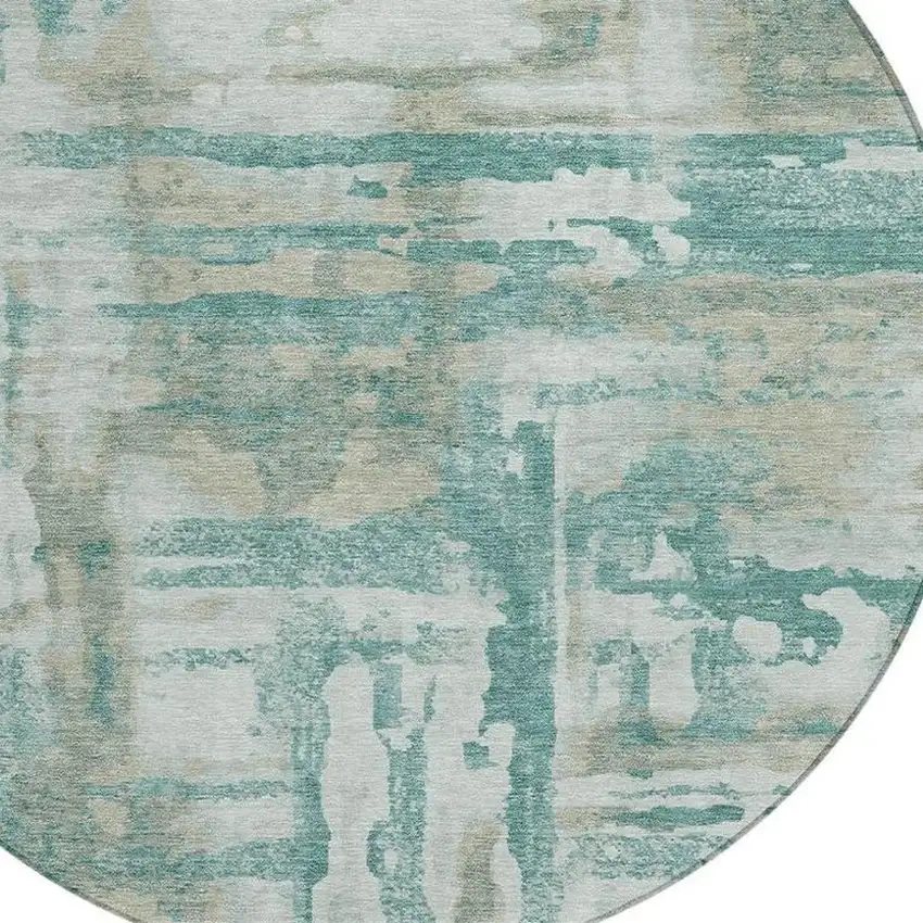 8' Teal Blue And Ivory Round Abstract Washable Indoor Outdoor Area Rug Photo 3