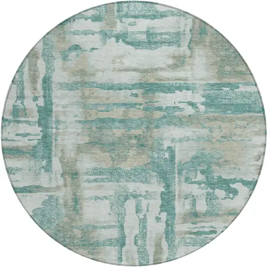 8' Teal Blue And Ivory Round Abstract Washable Indoor Outdoor Area Rug Photo 4