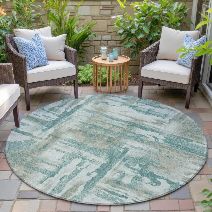 8' Teal Blue And Ivory Round Abstract Washable Indoor Outdoor Area Rug Photo 6