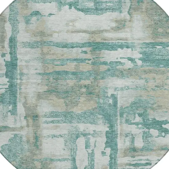 8' Teal Blue And Ivory Round Abstract Washable Indoor Outdoor Area Rug Photo 8