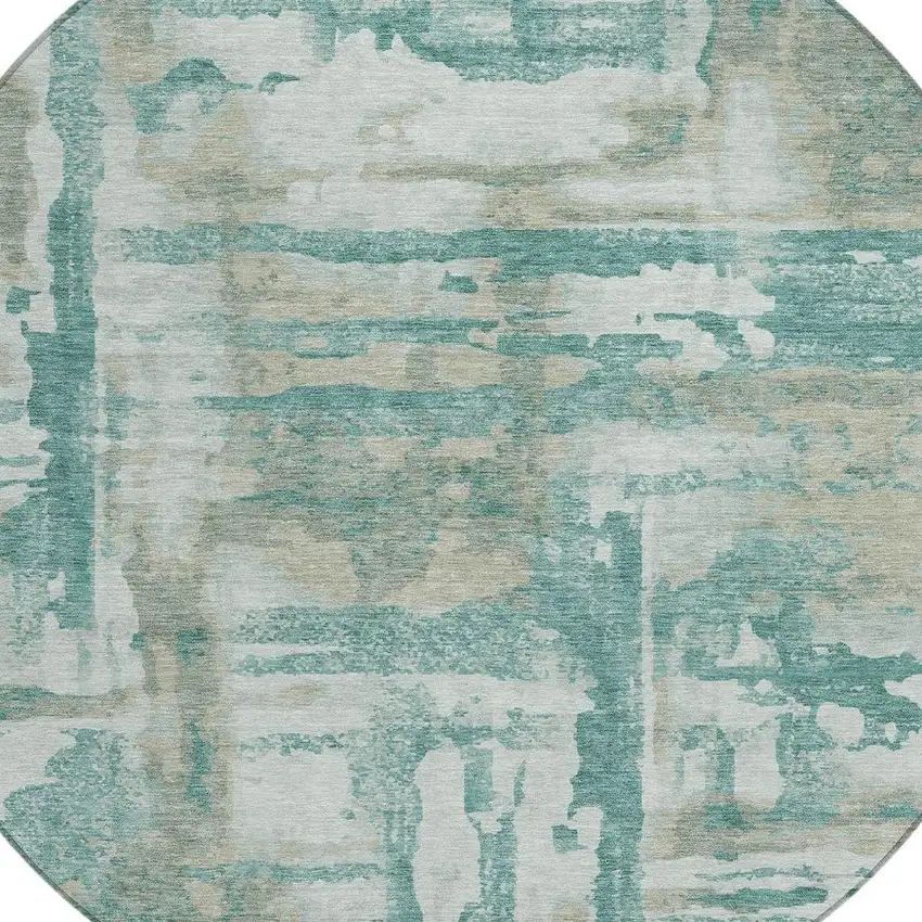 8' Teal Blue And Ivory Round Abstract Washable Indoor Outdoor Area Rug Photo 8
