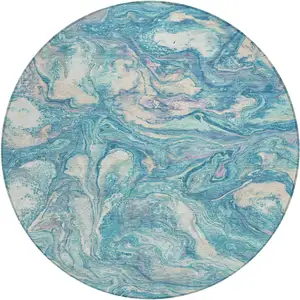 Photo of 8' Teal Blue And Ivory Round Abstract Washable Indoor Outdoor Area Rug