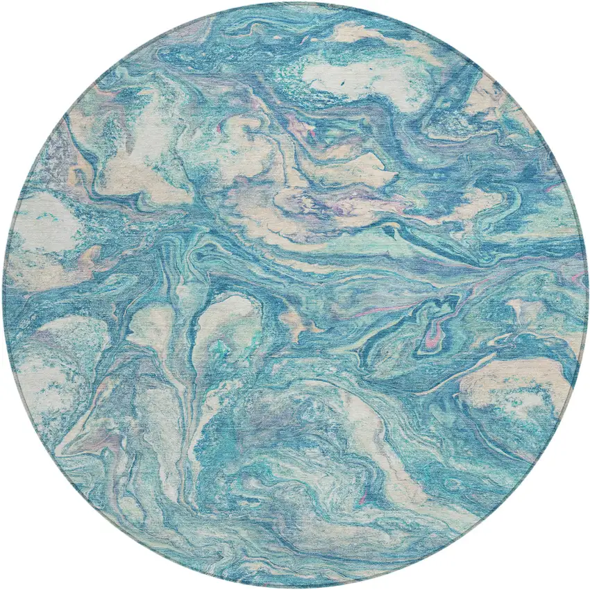 8' Teal Blue And Ivory Round Abstract Washable Indoor Outdoor Area Rug Photo 1