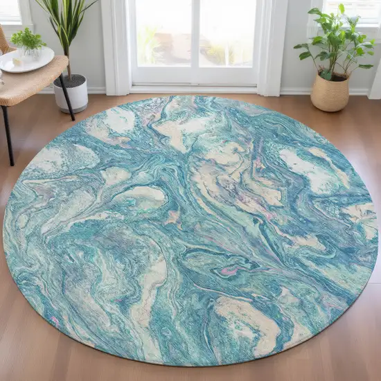 8' Teal Blue And Ivory Round Abstract Washable Indoor Outdoor Area Rug Photo 5