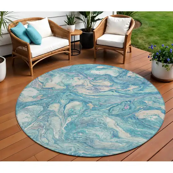 8' Teal Blue And Ivory Round Abstract Washable Indoor Outdoor Area Rug Photo 2