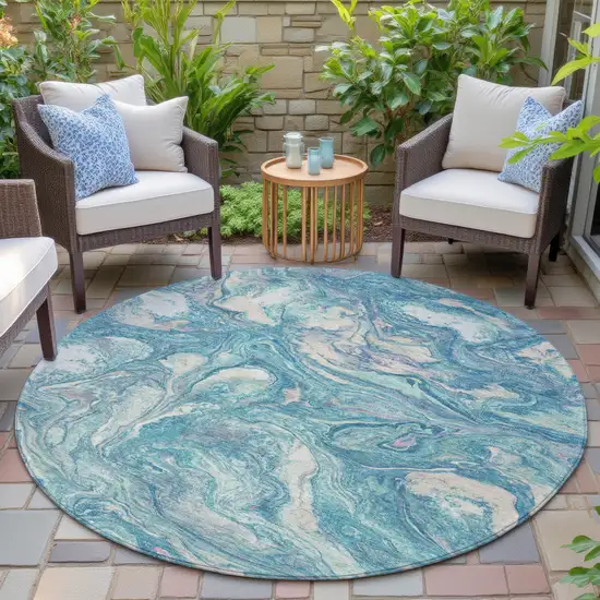 8' Teal Blue And Ivory Round Abstract Washable Indoor Outdoor Area Rug Photo 6