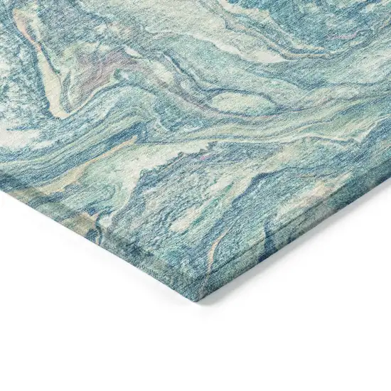 8' Teal Blue And Ivory Round Abstract Washable Indoor Outdoor Area Rug Photo 7