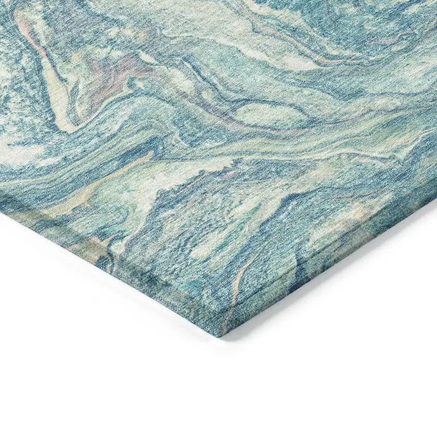 8' Teal Blue And Ivory Round Abstract Washable Indoor Outdoor Area Rug Photo 7