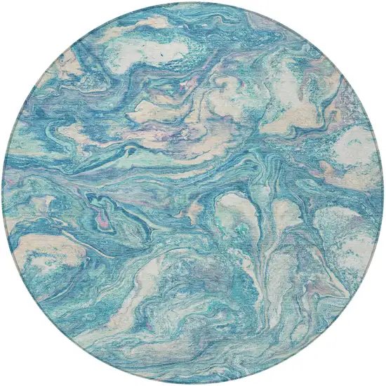 8' Teal Blue And Ivory Round Abstract Washable Indoor Outdoor Area Rug Photo 3