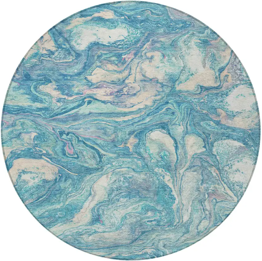 8' Teal Blue And Ivory Round Abstract Washable Indoor Outdoor Area Rug Photo 3