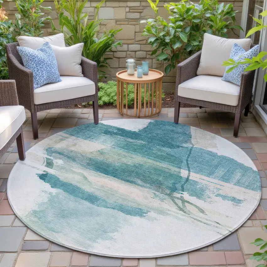 8' Teal Blue And Ivory Round Abstract Washable Indoor Outdoor Area Rug Photo 5