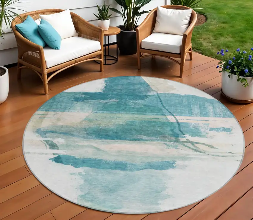 8' Teal Blue And Ivory Round Abstract Washable Indoor Outdoor Area Rug Photo 2
