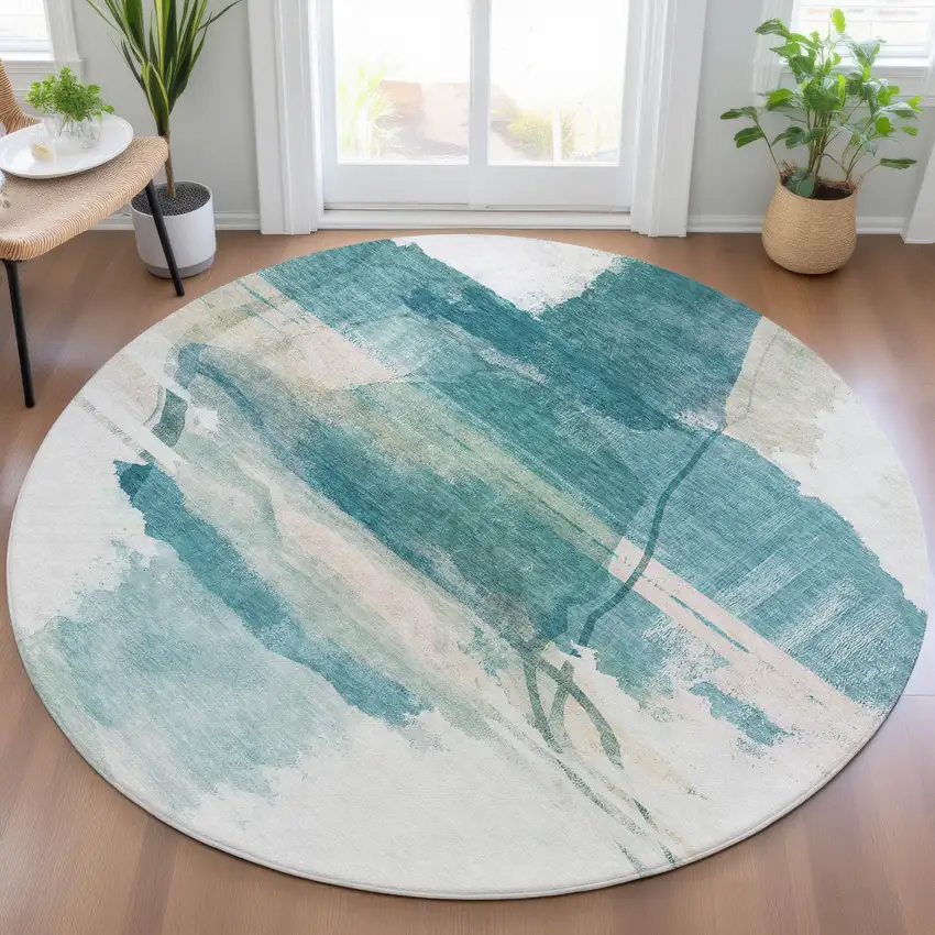 8' Teal Blue And Ivory Round Abstract Washable Indoor Outdoor Area Rug Photo 6