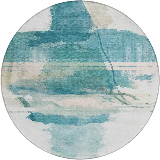 8' Teal Blue And Ivory Round Abstract Washable Indoor Outdoor Area Rug Photo 1