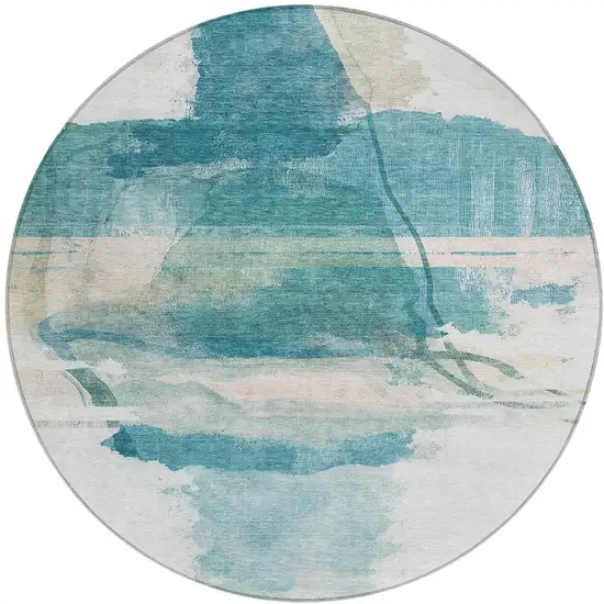 8' Teal Blue And Ivory Round Abstract Washable Indoor Outdoor Area Rug Photo 3
