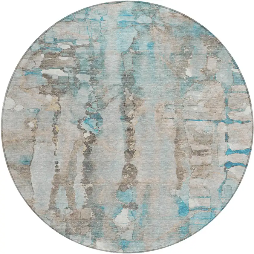 8' Teal Blue And Ivory Round Abstract Washable Indoor Outdoor Area Rug Photo 2