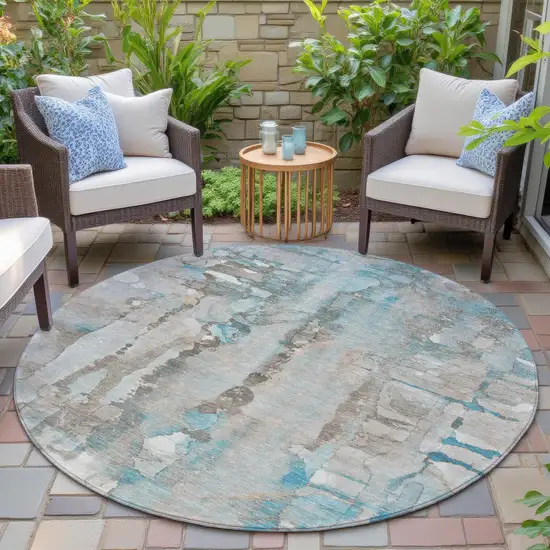 8' Teal Blue And Ivory Round Abstract Washable Indoor Outdoor Area Rug Photo 6