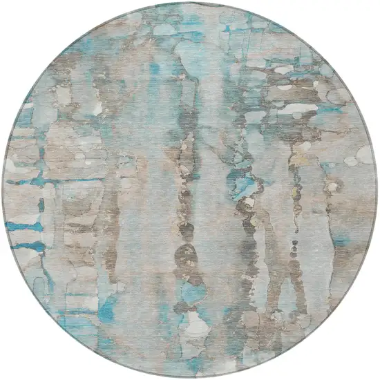 8' Teal Blue And Ivory Round Abstract Washable Indoor Outdoor Area Rug Photo 4